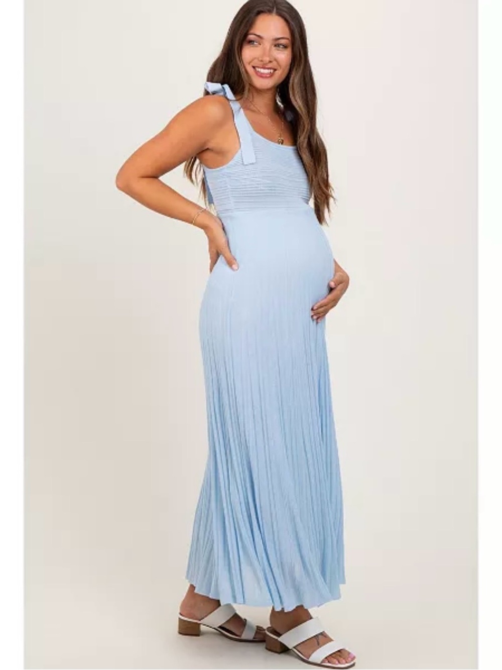 Light Blue Maternity Tie-Shoulder Maxi Dress